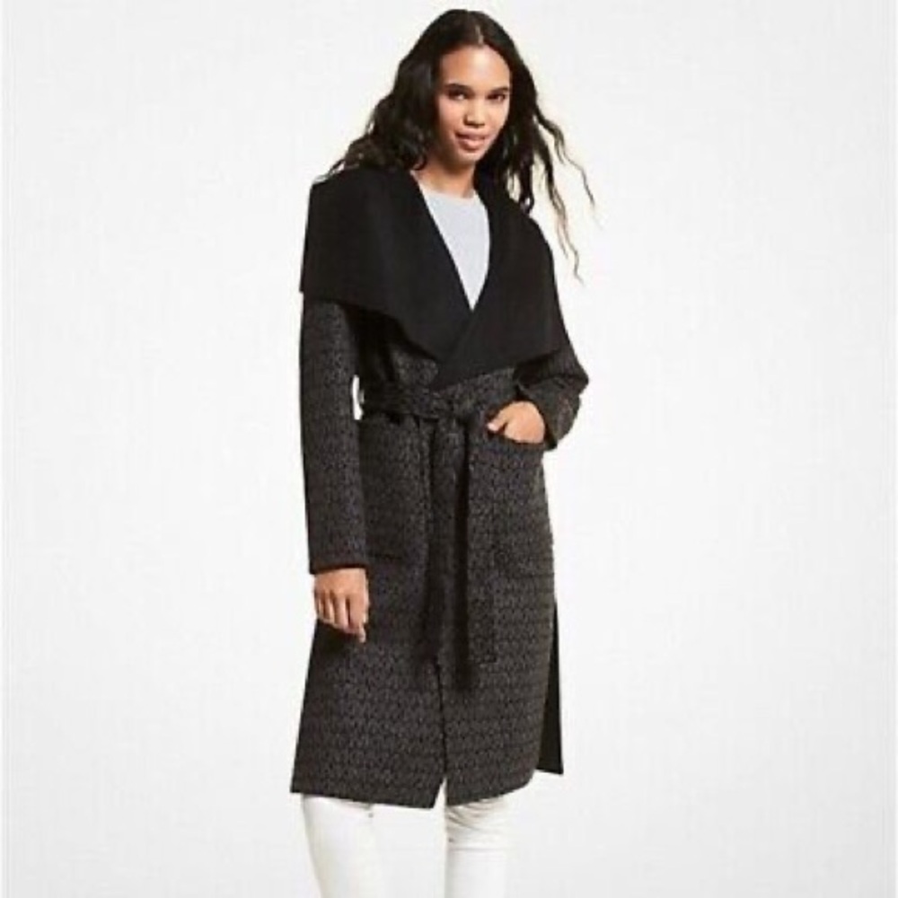 Michael Kors - Women’s Wool Blend Logo Jacquard Black/Gray Wrap Coat size Large - Picture 14 of 16